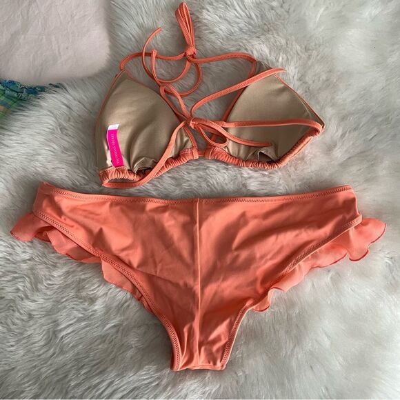 Victoria's Secret Peach Orange Tie Bikini with Ruffles Cheeky Size Medium - Picture 4 of 4